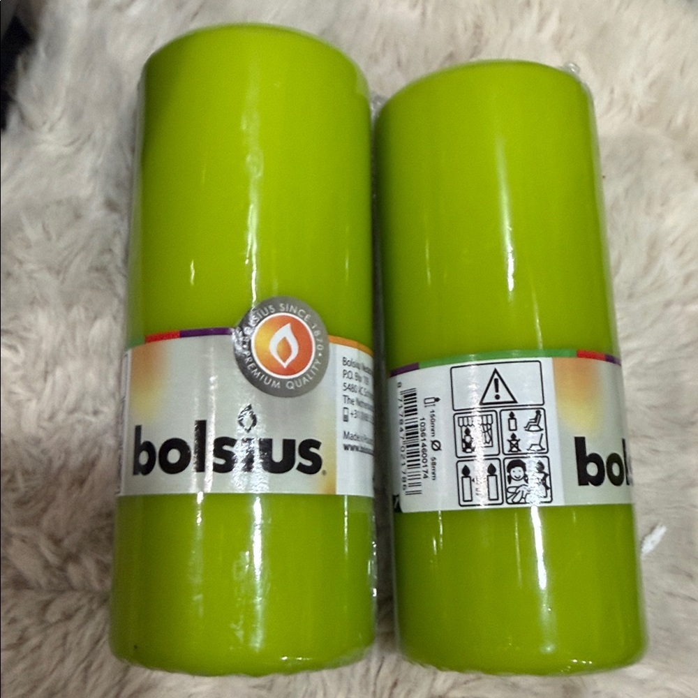 (NEW) Bolsius Lime Green Pillar Candles- Set of 2/ Smokeless Scentless 4.5 inch